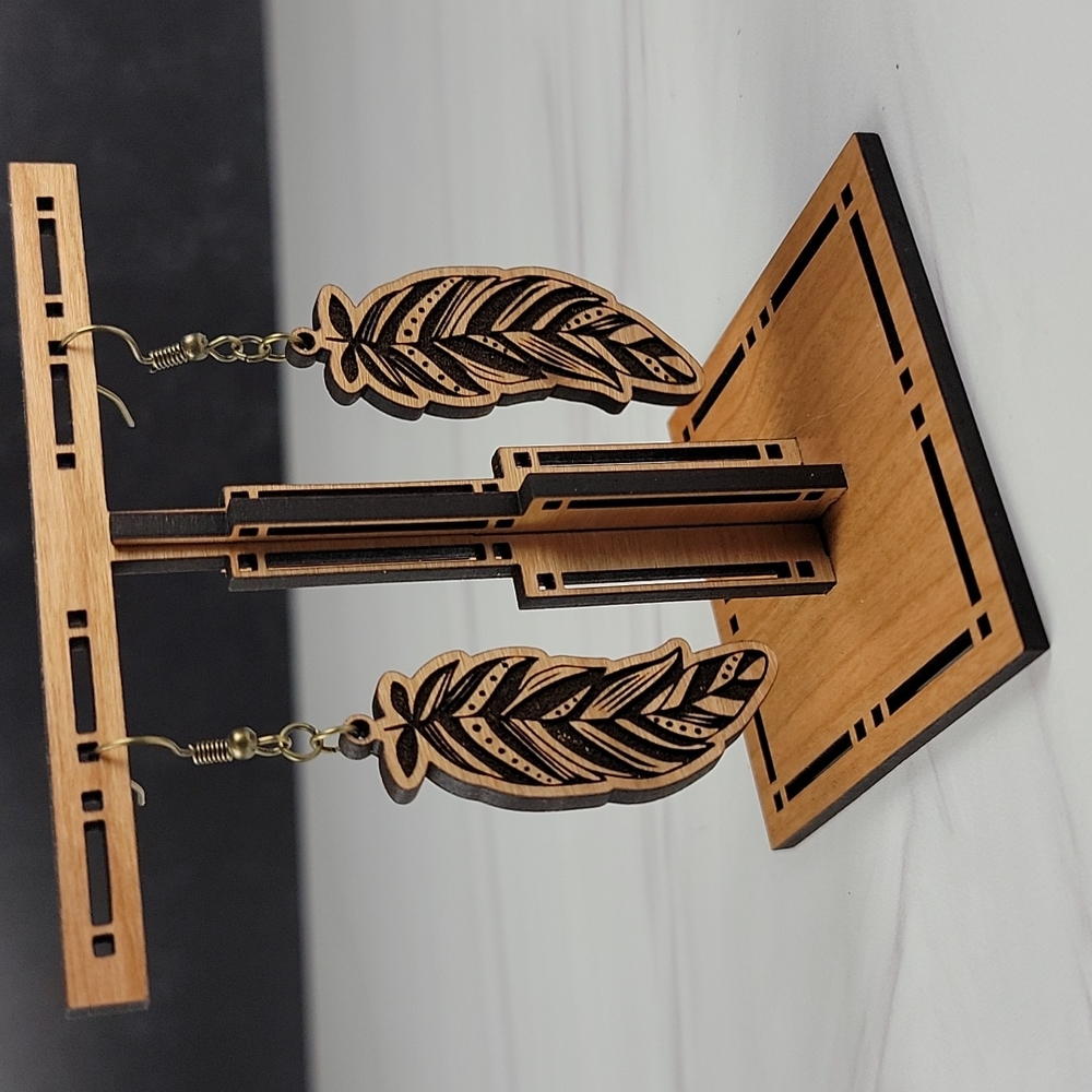 Cherry wood laser cut feather earrings